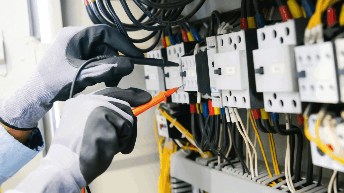 Electrician carrying out an EICR electrical safety check on a consumer unit in a home.
