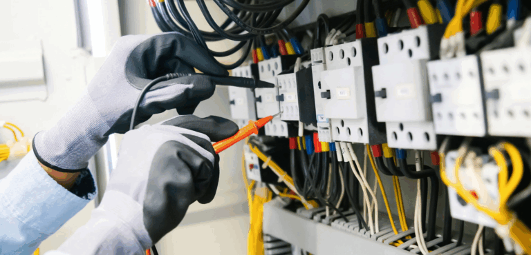 Electrician carrying out an EICR electrical safety check on a consumer unit in a home.